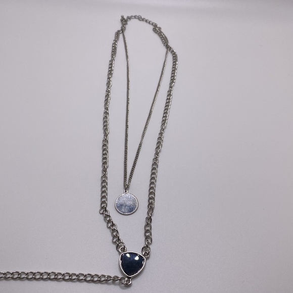 Silver Layered Multi Chain Circular Pendant & Bar Charm Necklace Bohemian Chic - Picture 10 of 13